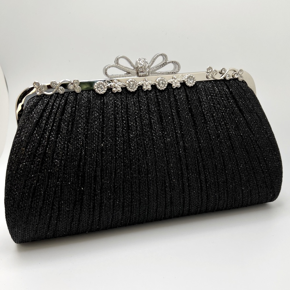 Black Metal Fabric Glitter Evening Clutch Bag - Picture 4 of 16